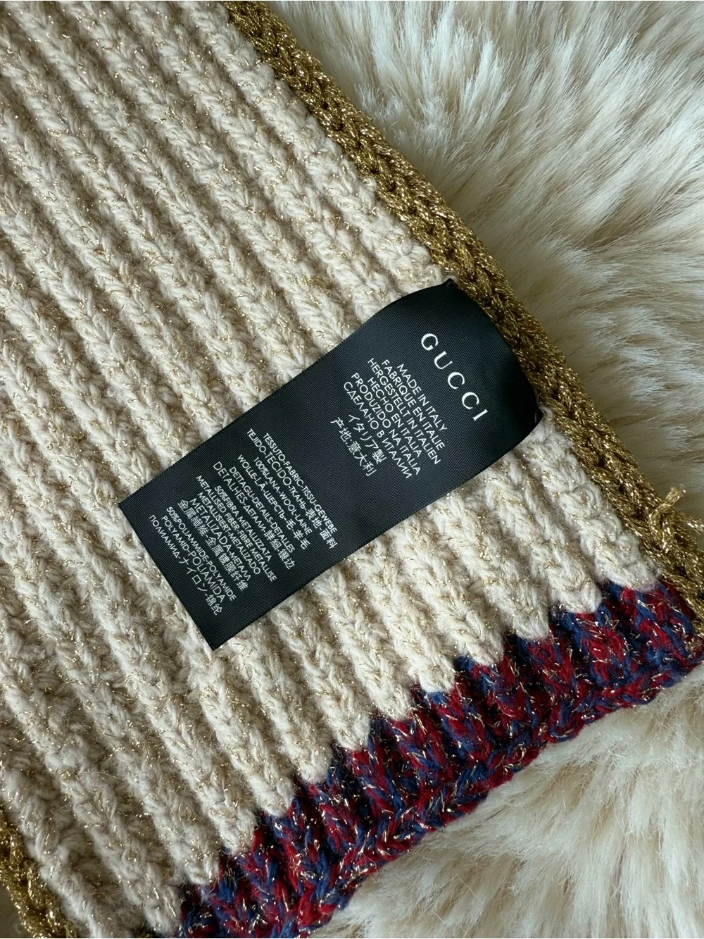 Gucci Cream Knit Kids Scarf with Gold Trim and Multicolor Sequin Stars